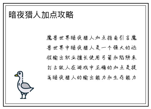 暗夜猎人加点攻略